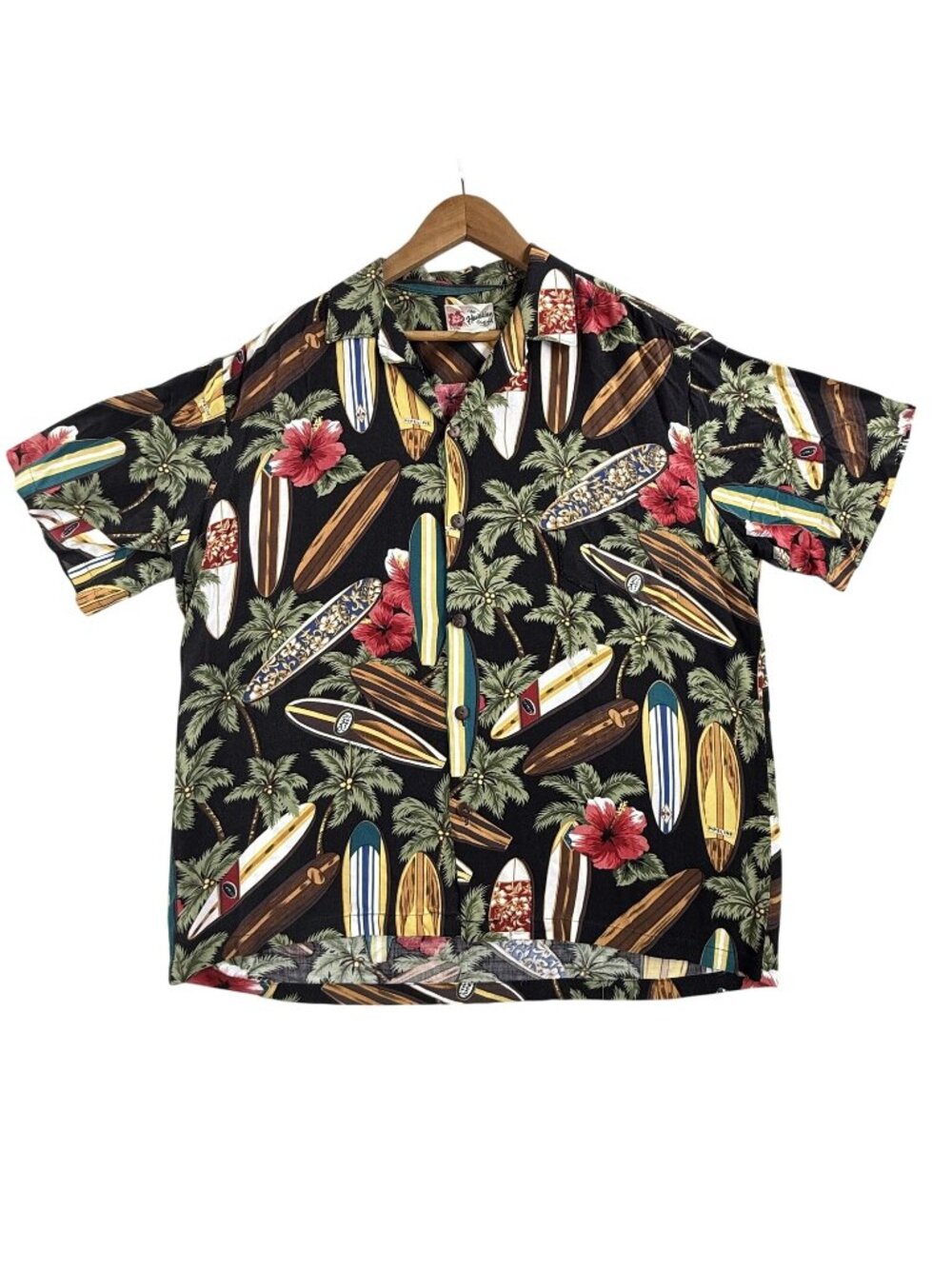 Hilo Hattie Shirt Mens XL Black Surfboard Hawaiian Button Up Short Sleeve Cotton